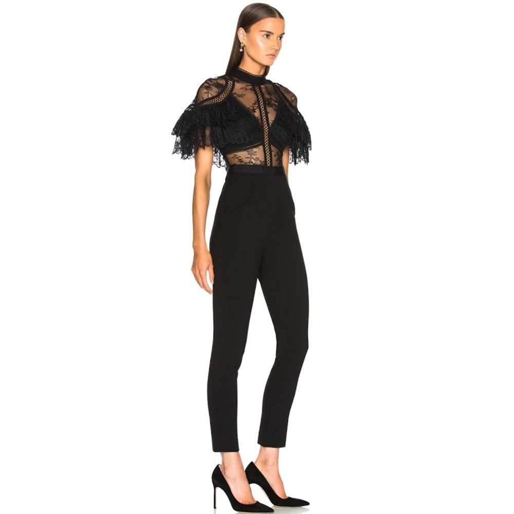 Self-Portrait Sz 10 Fine Lace Paneled Jumpsuit Black High Neck Ruffle Taper Leg - Picture 2 of 14